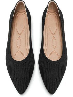 Women 2black Pointed Toe Knit Foldable Ballet lightweight Pull-On Flat Shoes
